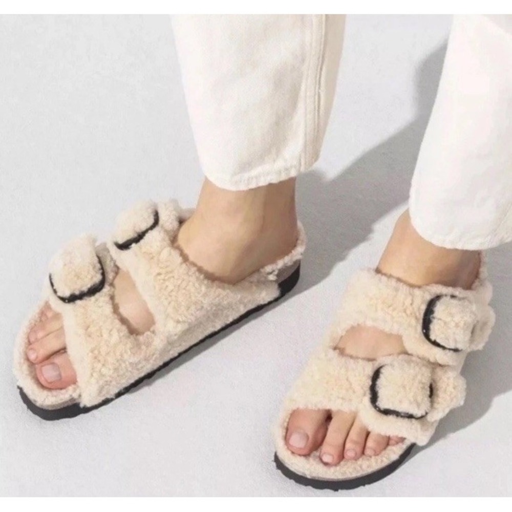 Birkenstock Papillio Teddy Shearling Arizona Big Buckle Slide Sandals Women 7 38 - Picture 9 of 9